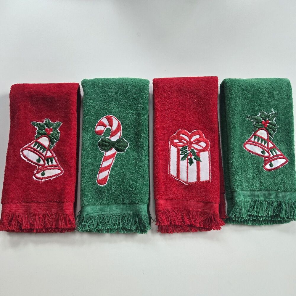 EUC Vintage Cannon Christmas Hand Towels 100% Cotton Made In USA Set Of 4